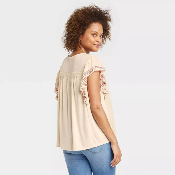 Knox Rose Embroidered Blouse S Cream Flutter Floral Ruffle Top Work Casual Drape - Picture 4 of 12